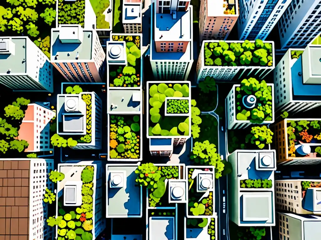 Vista aérea de la ciudad con techos verdes, desafiando la implementación de la legislación