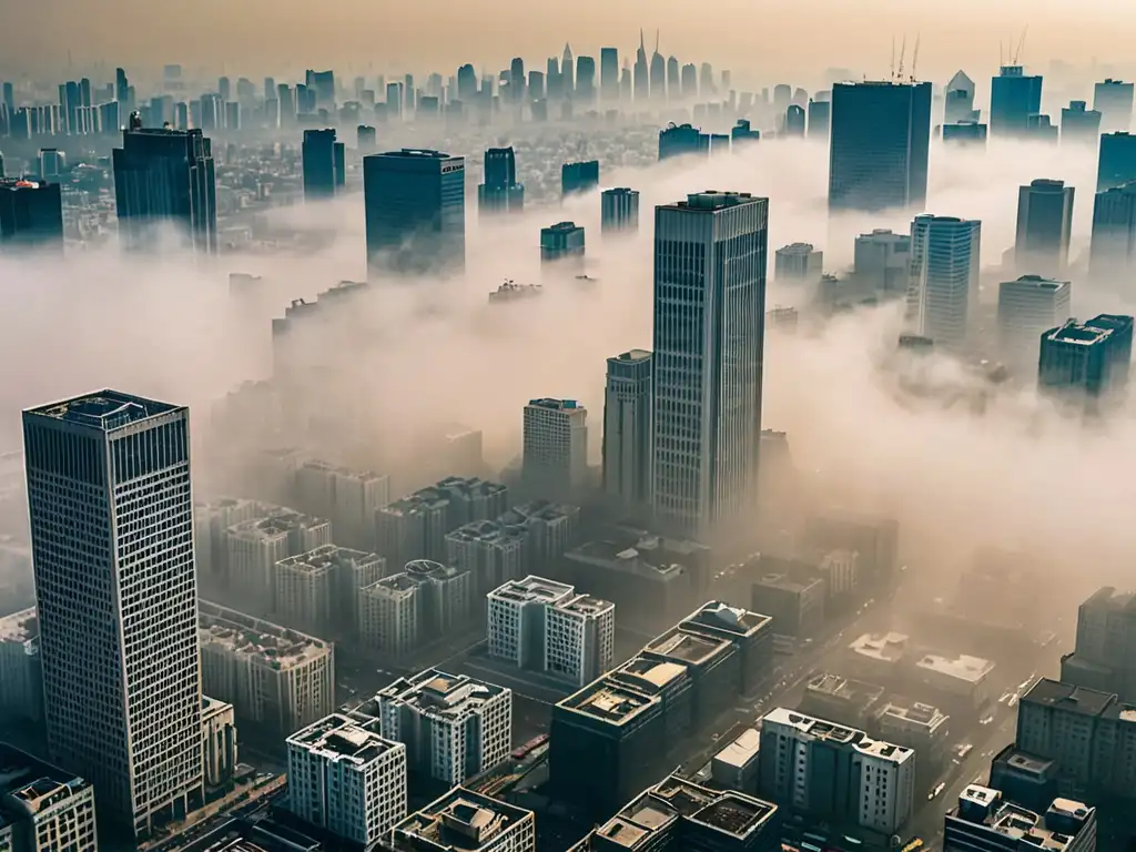 Vista aérea de una ciudad urbana envuelta en smog, con edificios y tráfico contribuyendo a la contaminación del aire