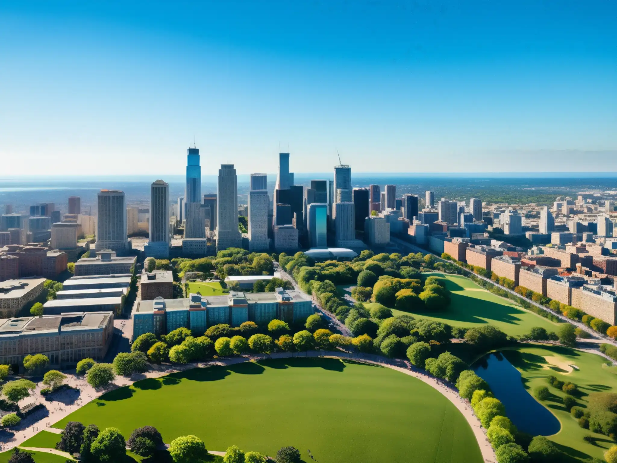 Vista aérea de una ciudad vibrante con parque y rascacielos, representando la adaptación corporativa al cambio climático