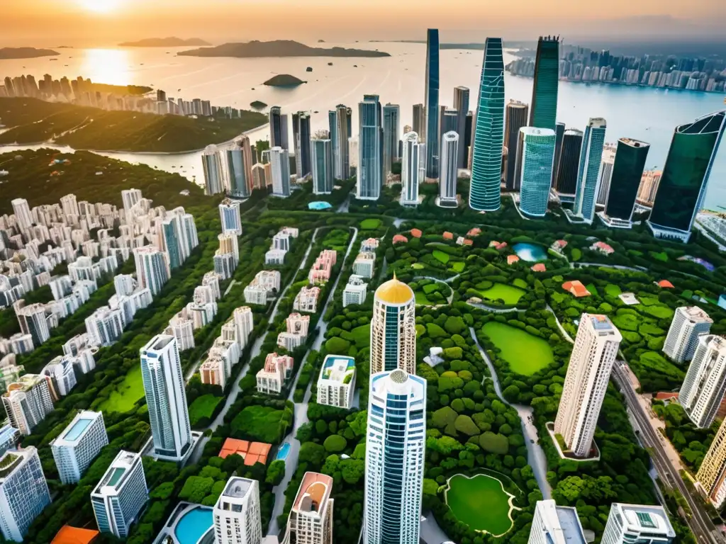 Vista aérea de una ciudad vibrante con rascacielos modernos y arquitectura tradicional, rodeada de exuberante vegetación