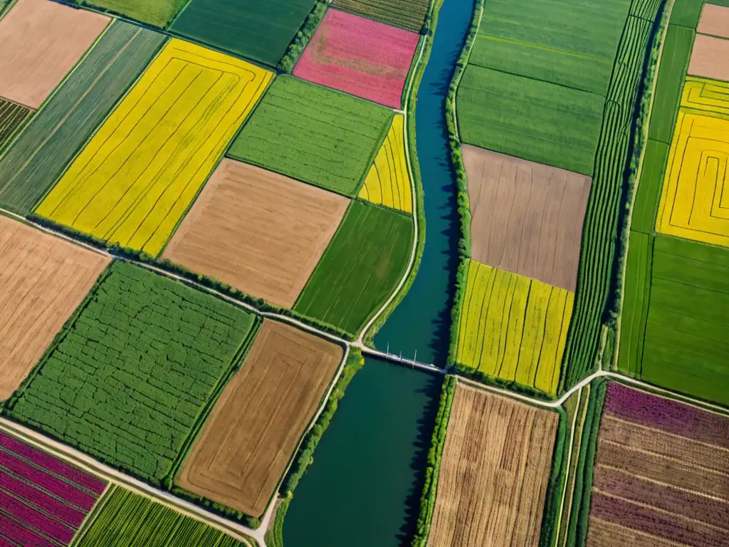 Vista aérea de una colorida y vibrante granja de agricultura regenerativa, mostrando campos con cultivos y áreas de cobertura verde