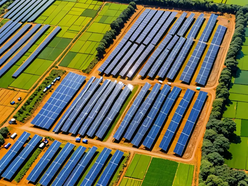 Vista aérea de comunidad rural en desarrollo con granja solar en construcción