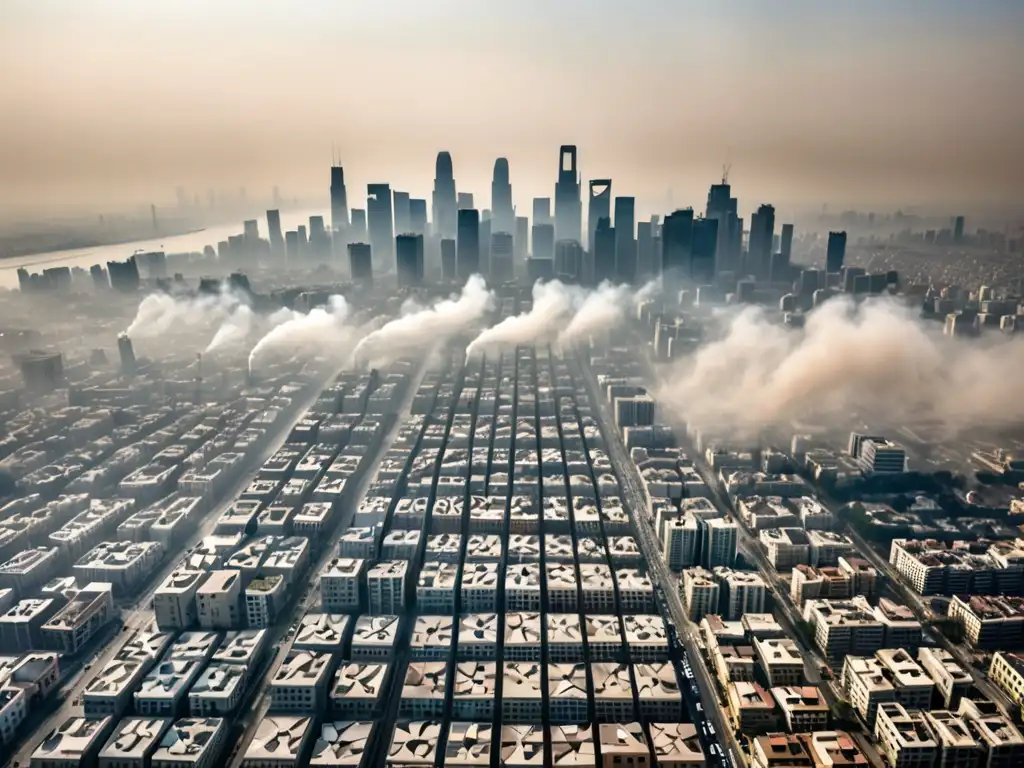 Vista aérea de la contaminación del aire en Oceanía, con la densa niebla cubriendo la ciudad y ocultando los edificios