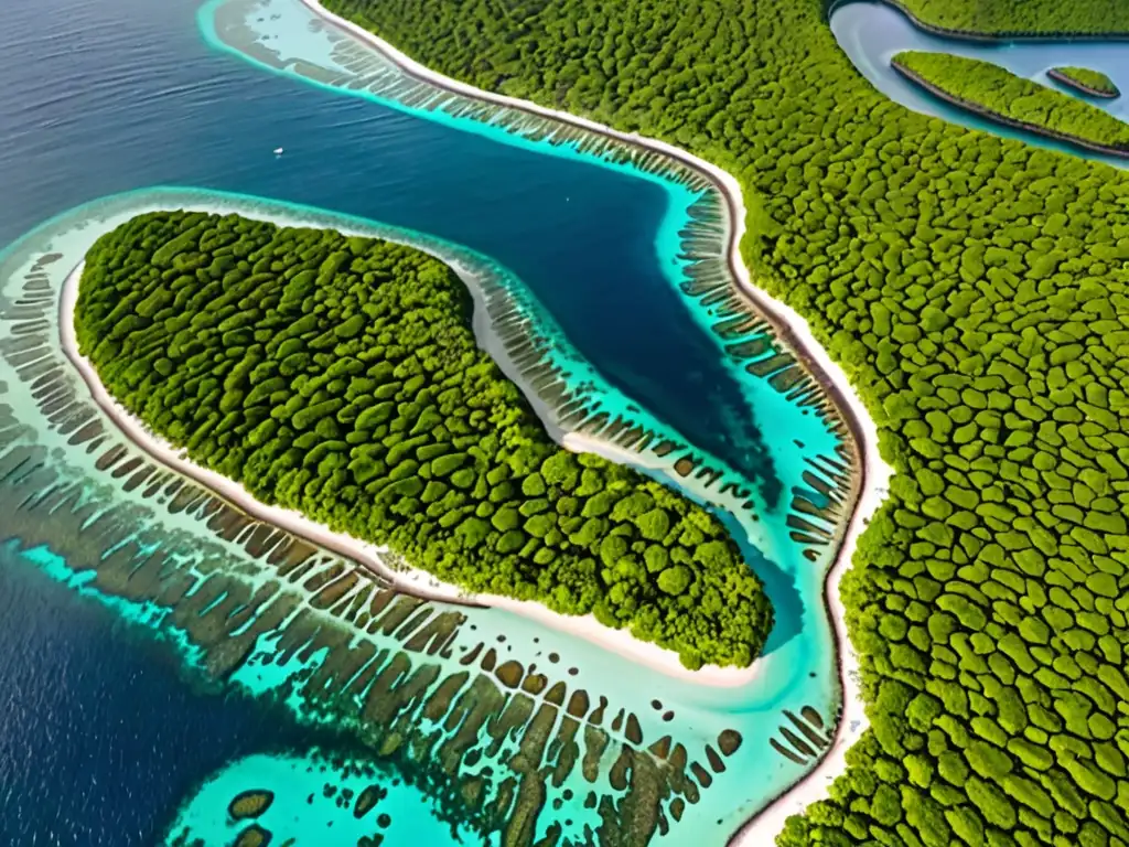 Vista aérea de la costa caribeña, con manglares y arrecifes de coral