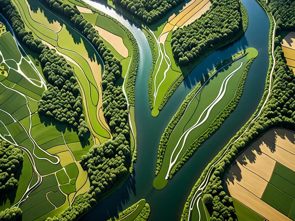 Red de ríos y paisajes: naturaleza en acción Vista aérea de cuenca fluvial con desafíos en la gestión hídrica global