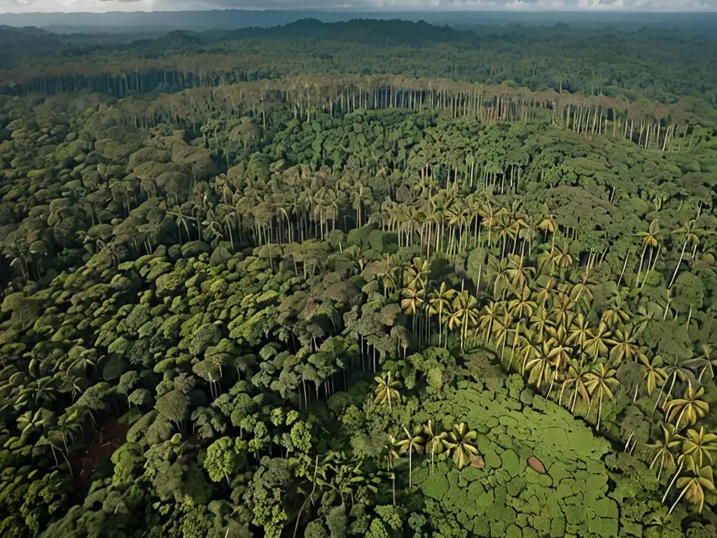 Vista aérea de una densa selva con una aldea indígena rodeada de deforestación