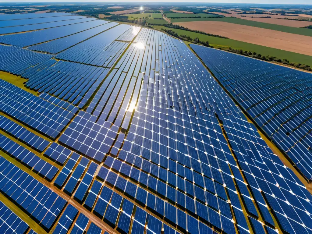 Vista aérea deslumbrante de granja solar con paneles relucientes bajo cielo azul claro, creando un diseño geométrico hipnotizante