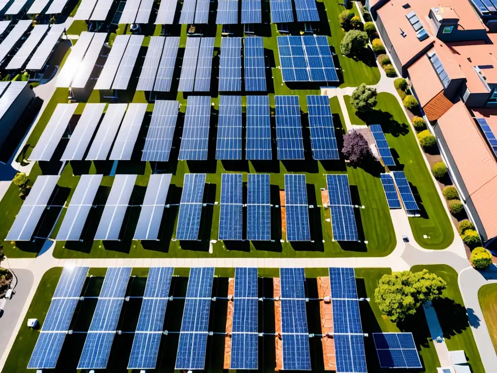 Vista aérea detallada de paneles solares en tejados de área residencial