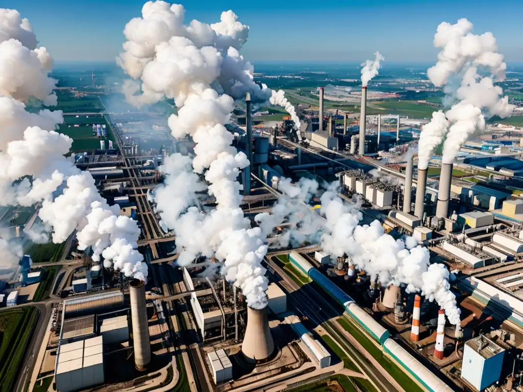 Vista aérea detallada de zona industrial con fábricas emitiendo humo sobre cielo azul