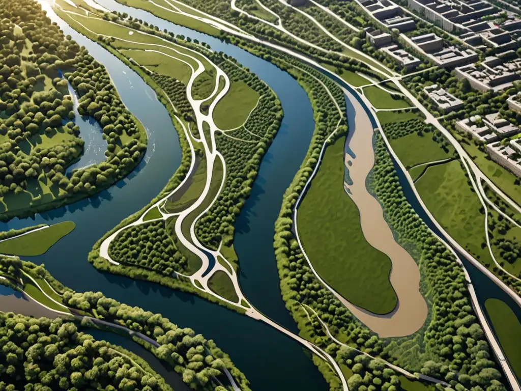 Una vista aérea detallada de una zona ribereña junto a un río, destacando la importancia de la Ley de Aguas