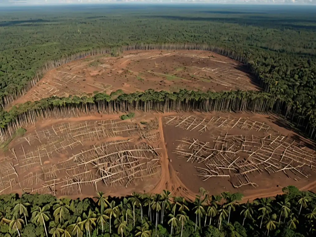 Vista aérea de devastación causada por la deforestación con comunidad indígena