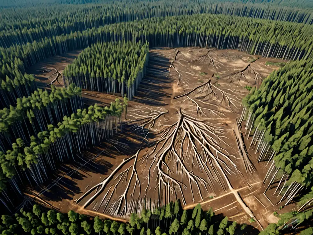 Vista aérea de la devastación causada por la tala ilegal, resaltando la urgencia de la Acción Interpol contra delitos ecológicos transfronterizos