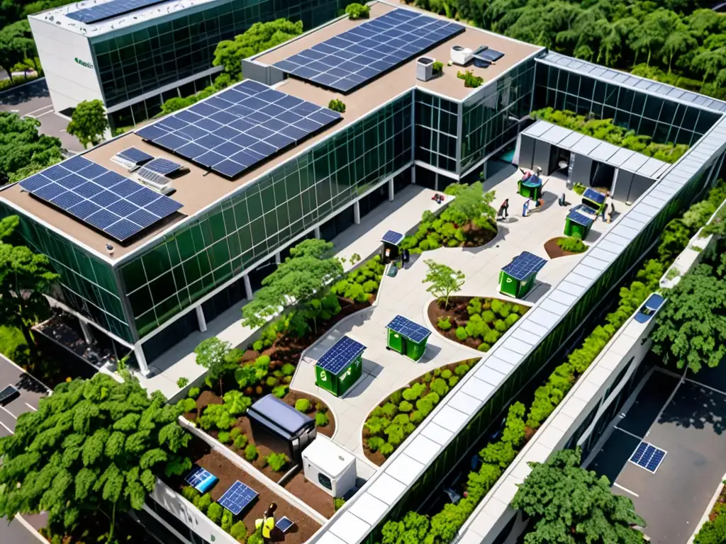 Vista aérea de edificio corporativo con paneles solares y empleados participando en limpieza ambiental