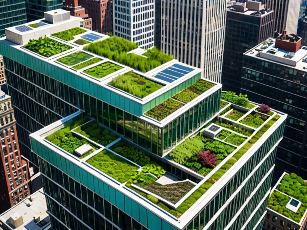 Vista aérea de edificio en Nueva York con techos verdes, destacando desafíos legales en implementación de techos verdes en ciudades