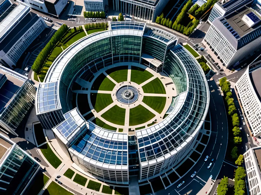 Vista aérea del Parlamento Europeo y edificios circundantes en Bruselas, con actividad bulliciosa