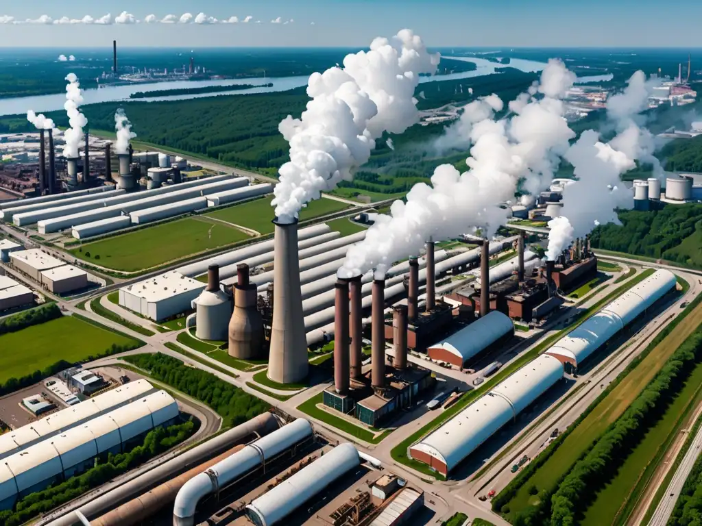 Una vista aérea de una extensa área industrial con chimeneas emitiendo humo, contrastando con un cielo azul