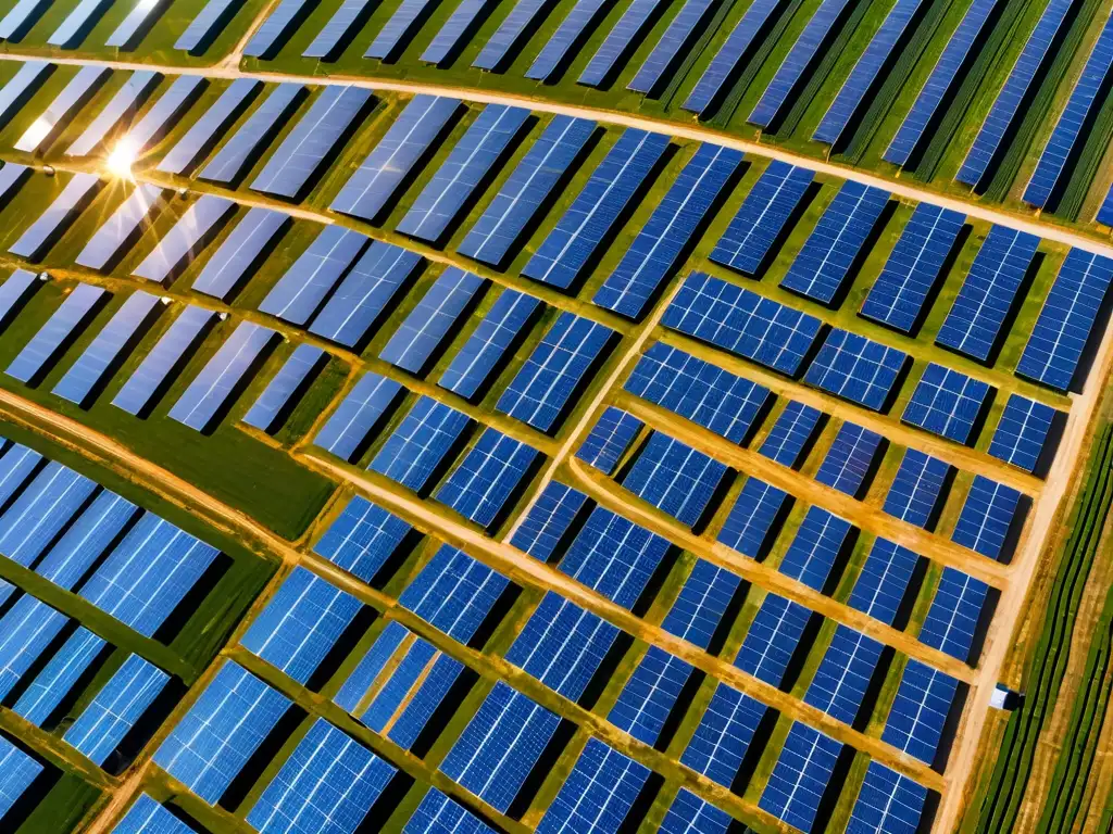 Vista aérea de una extensa granja solar con paneles fotovoltaicos bajo cielo azul, ilustrando la Cooperación Internacional en Energía Renovable