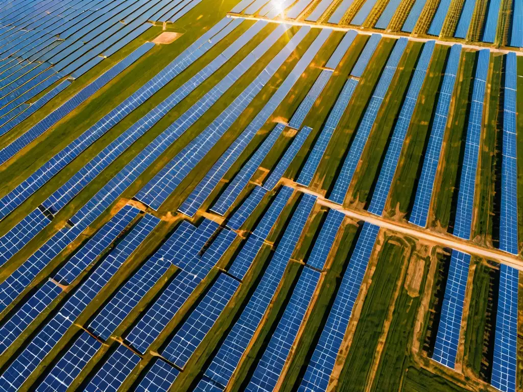 Vista aérea de una extensa granja solar con paneles brillantes bajo un cielo azul