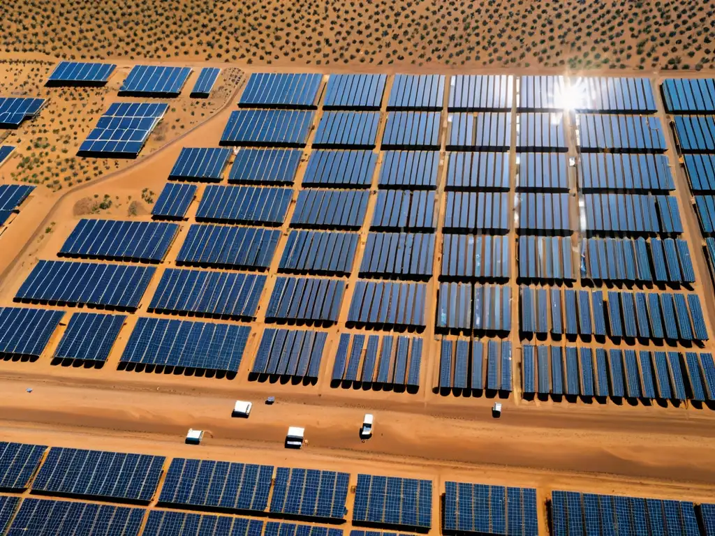 Vista aérea de una extensa planta solar en el desierto, con paneles relucientes bajo el sol y trabajadores en acción