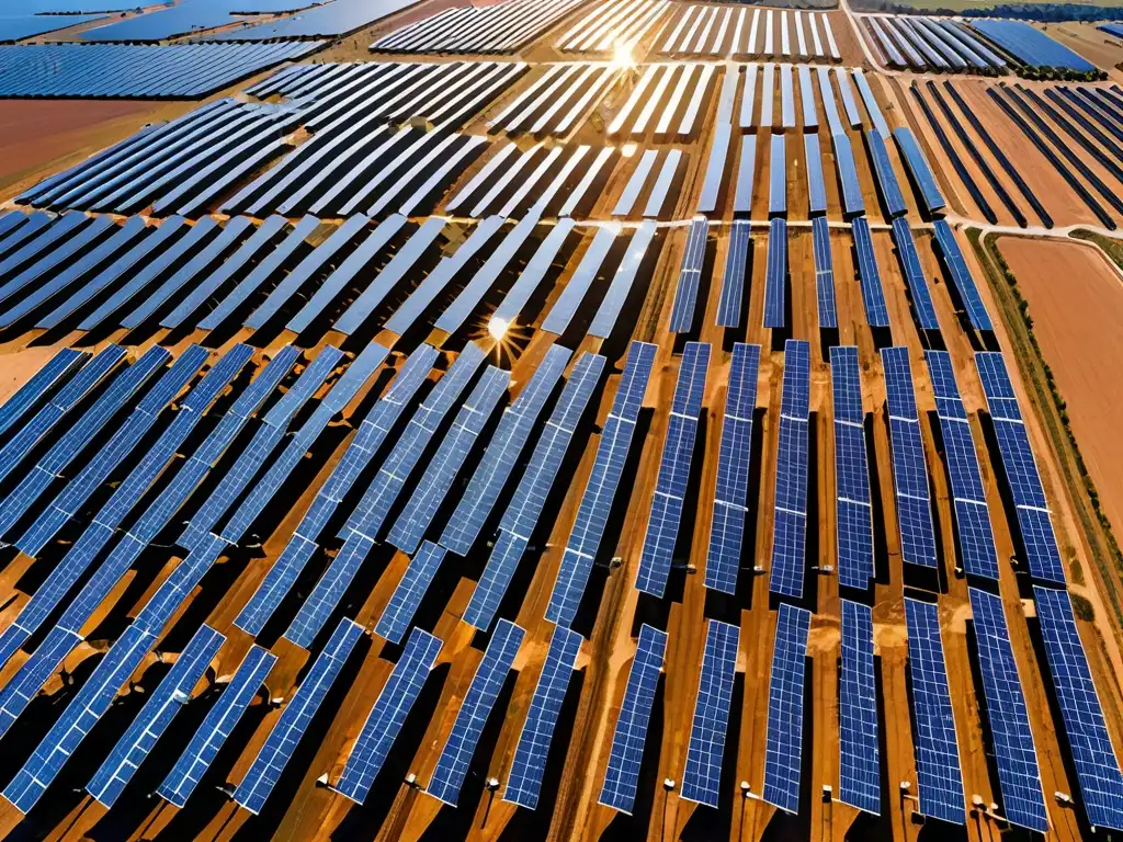 Vista aérea de una extensa planta solar con paneles en filas, bajo el cielo azul