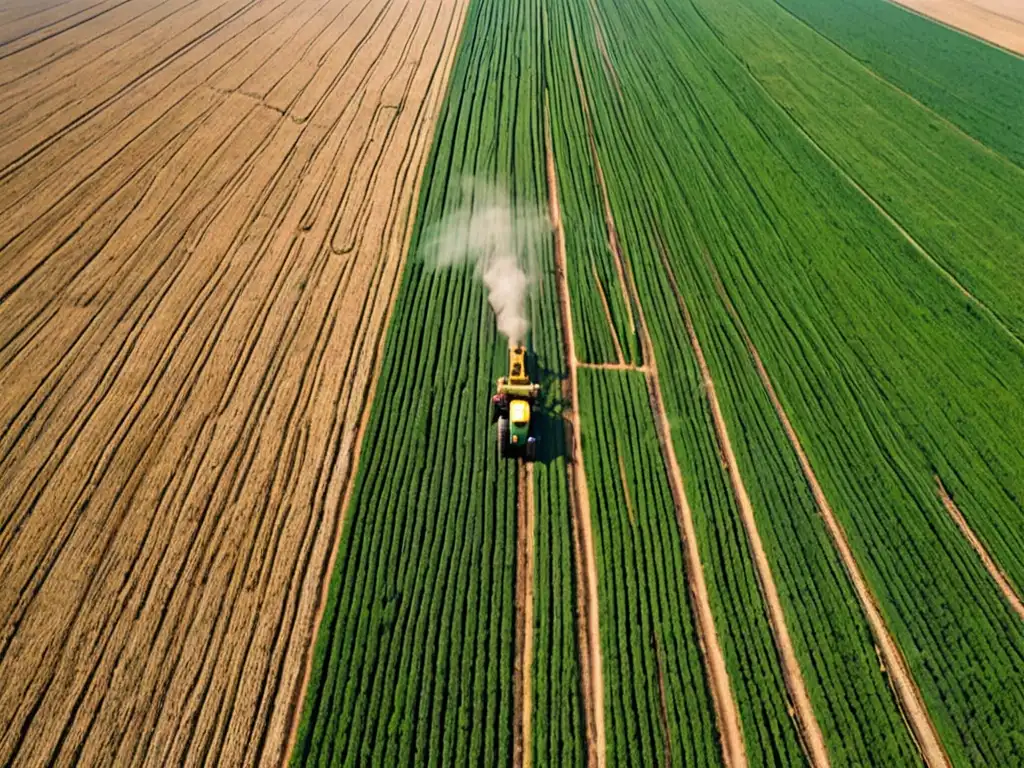 Vista aérea de extenso campo de cultivos monocultivo con maquinaria y trabajadores, evidenciando el impacto agroindustria derechos humanos