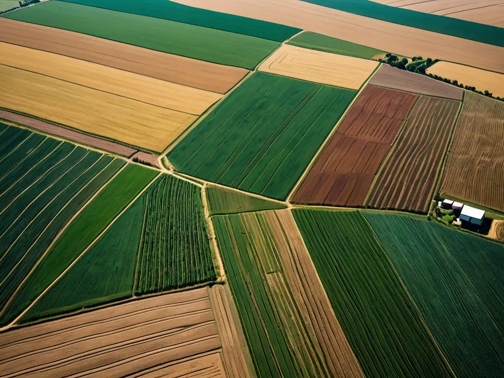 Patrones agrícolas: vasto paisaje aéreo Vista aérea de un extenso paisaje agrícola con campos de colores y texturas variadas, resaltando la complejidad de la producción agrícola