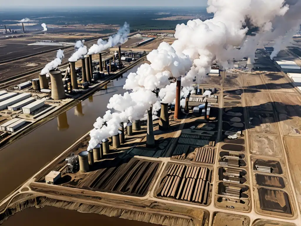 Vista aérea de un extenso sitio industrial con fábricas y almacenes rodeados de terrenos contaminados