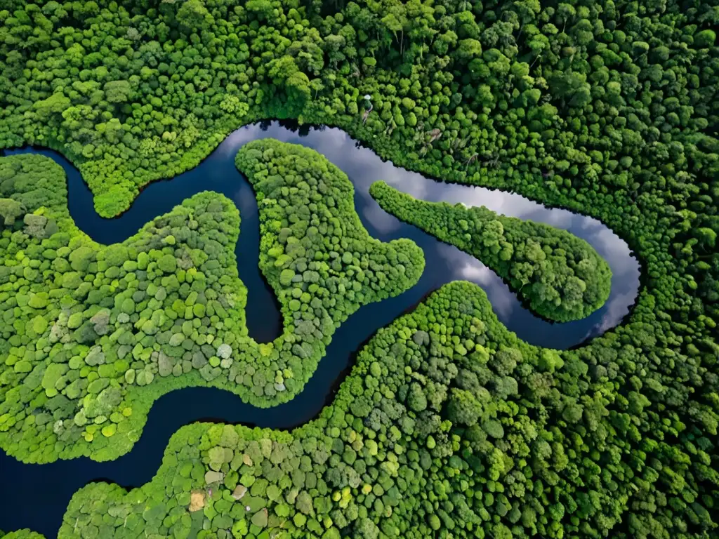 Vista aérea de un extenso territorio indígena en la selva amazónica, con ríos serpenteando y viviendas tradicionales rodeadas de exuberante vegetación