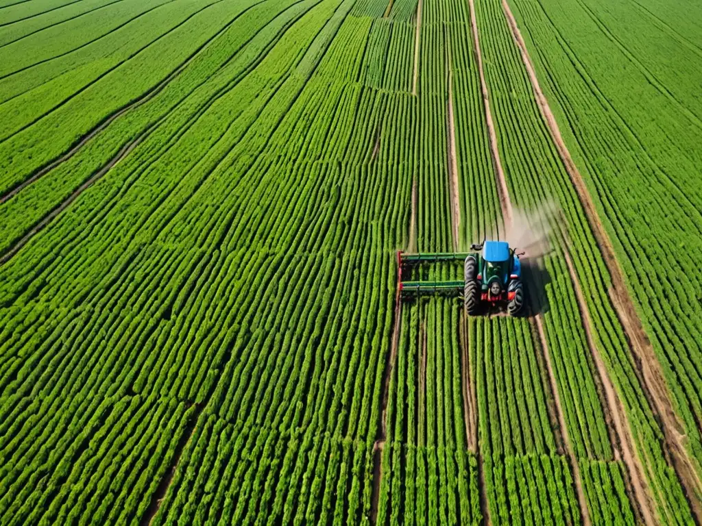 Vista aérea de extensos cultivos verdes con tractor y trabajadores