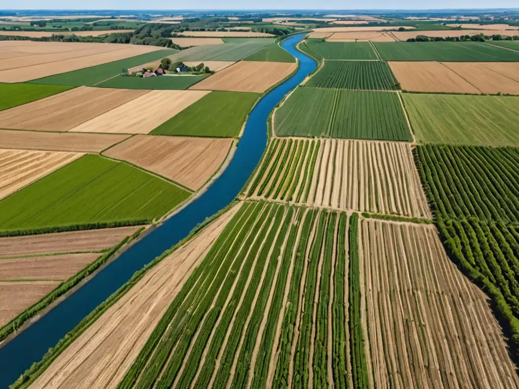 Vista aérea de extensos cultivos y un río, mostrando la belleza y vulnerabilidad de la agricultura ante el impacto del cambio climático