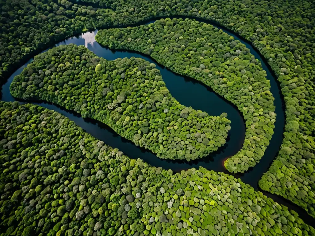 Vista aérea de la exuberante belleza del Amazonas, con ríos serpenteantes y un vasto dosel verde