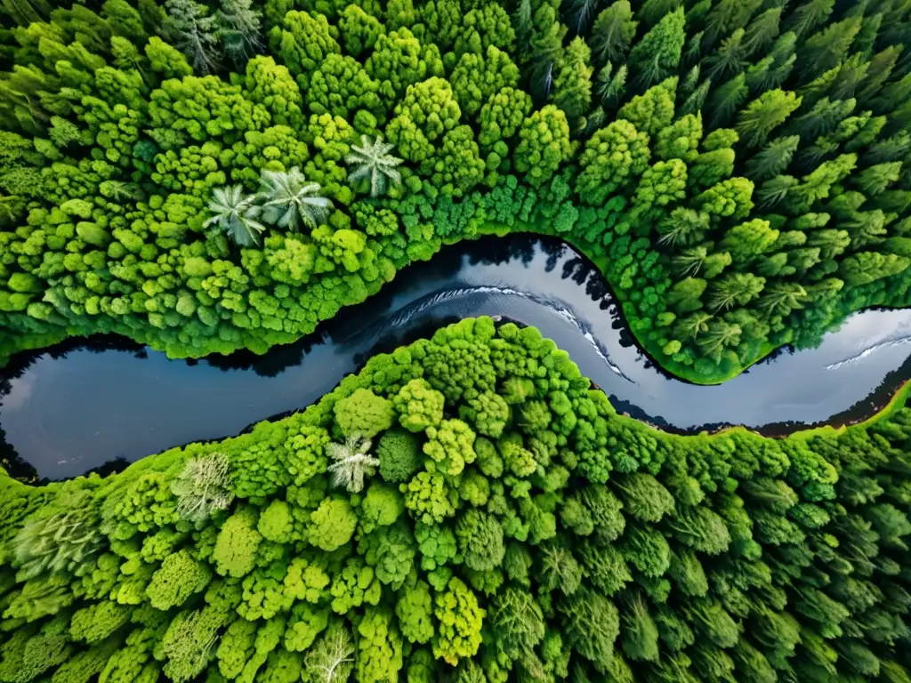 Vista aérea de un exuberante bosque con río, simbolizando el impacto global del derecho ambiental y la belleza de los ecosistemas naturales