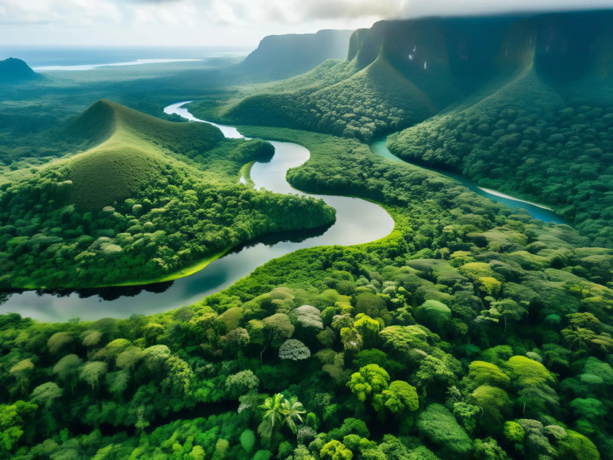 Vista aérea de un exuberante bosque lluvioso con diversidad biológica, río serpenteante y sol filtrándose a través del dosel