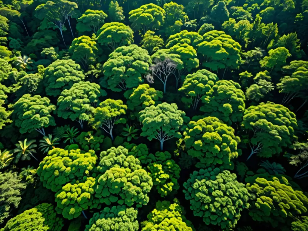 Vista aérea de un exuberante bosque verde con luz solar filtrándose a través del dosel, resaltando la biodiversidad