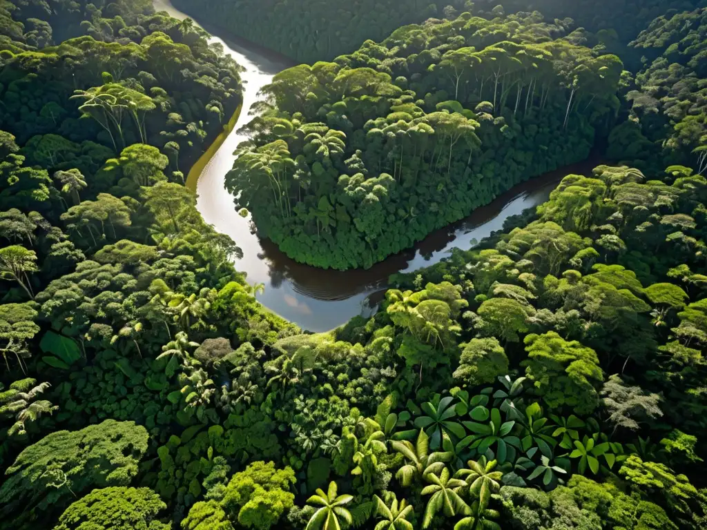 Vista aérea de exuberante bosque lluvioso con diversa vegetación verde y ríos