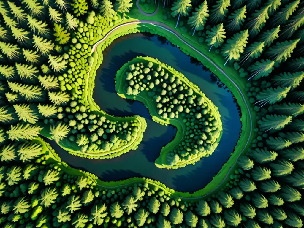 Vista aérea de un exuberante bosque verde con un río serpenteante