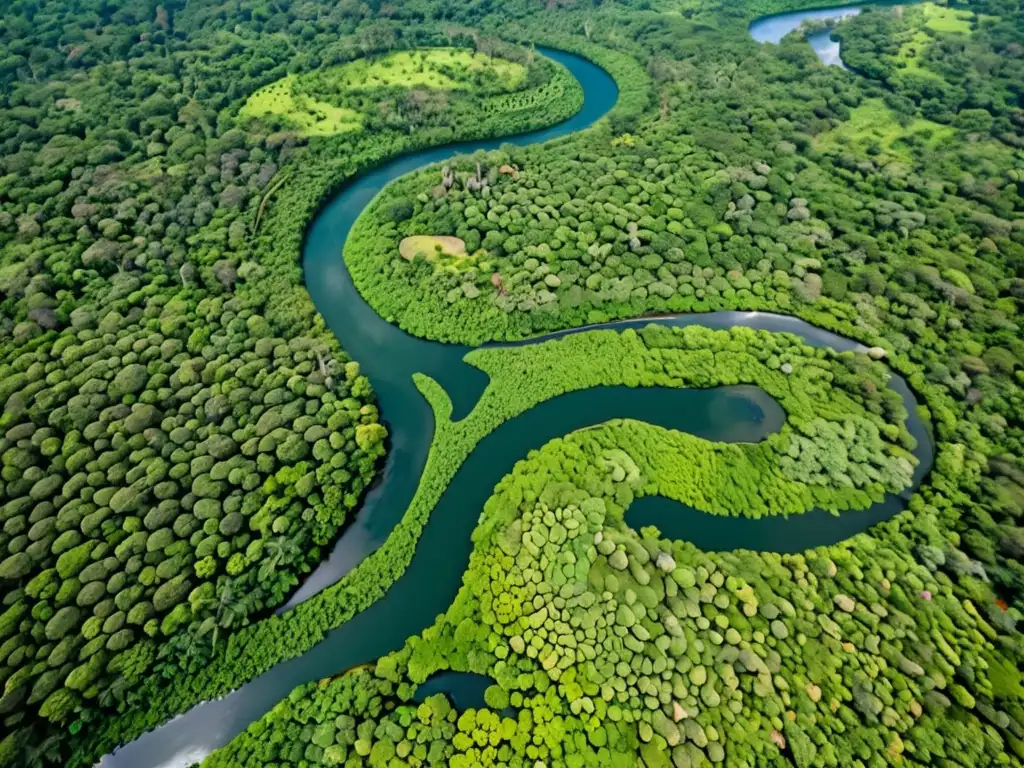 Selva exuberante: vida salvaje y belleza natural Vista aérea de un exuberante bosque verde con un río serpenteante