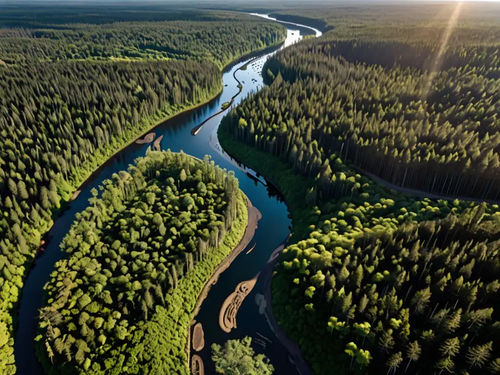 Vista aérea de un exuberante bosque con un río serpenteante