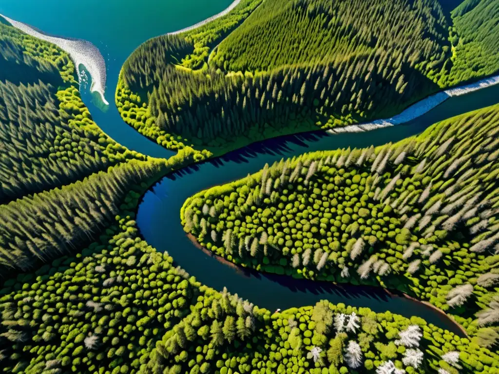 Vista aérea de un exuberante bosque verde con un río serpenteante, rodeado de montañas nevadas bajo un cielo azul claro