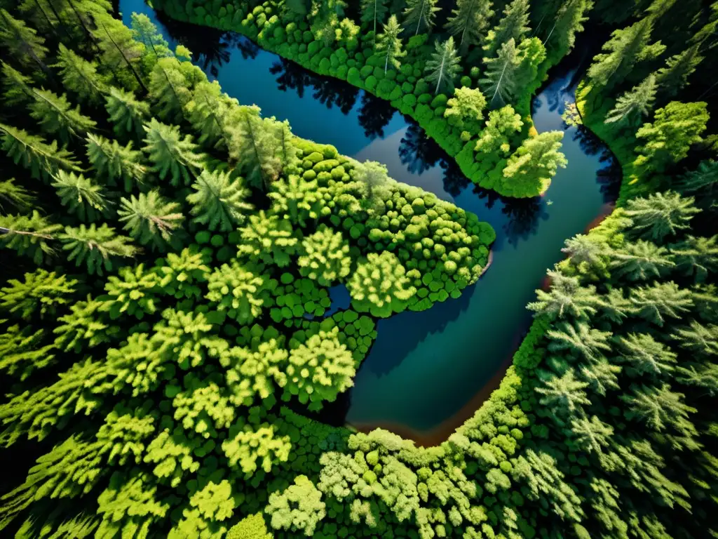 Vista aérea de un exuberante bosque verde rodeado de ríos cristalinos, resaltando la importancia de los convenios internacionales de protección del medio ambiente