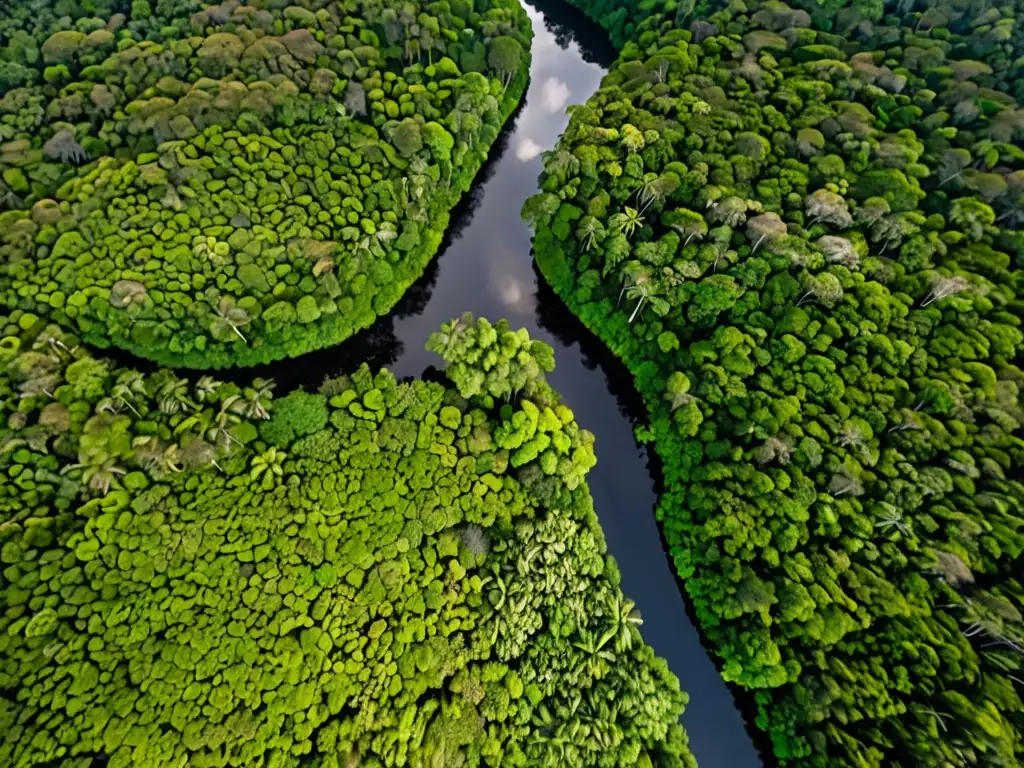 Vista aérea de un exuberante bosque lluvioso con río, resaltando la importancia de la concienciación sobre conflictos ambientales y derechos humanos