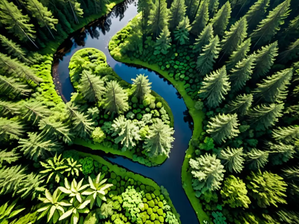 Vista aérea de un exuberante bosque verde con un río serpenteante