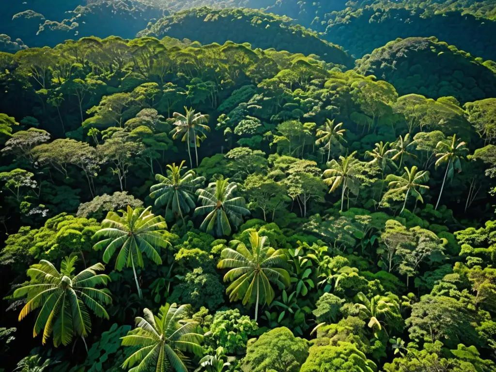 Selva exuberante: belleza natural sin límites Vista aérea de un exuberante bosque lluvioso, resplandeciente bajo el cielo azul