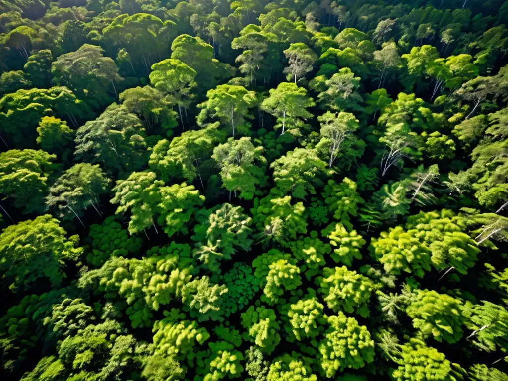 Vista aérea de un exuberante bosque con un río serpenteante, reflejando la luz solar