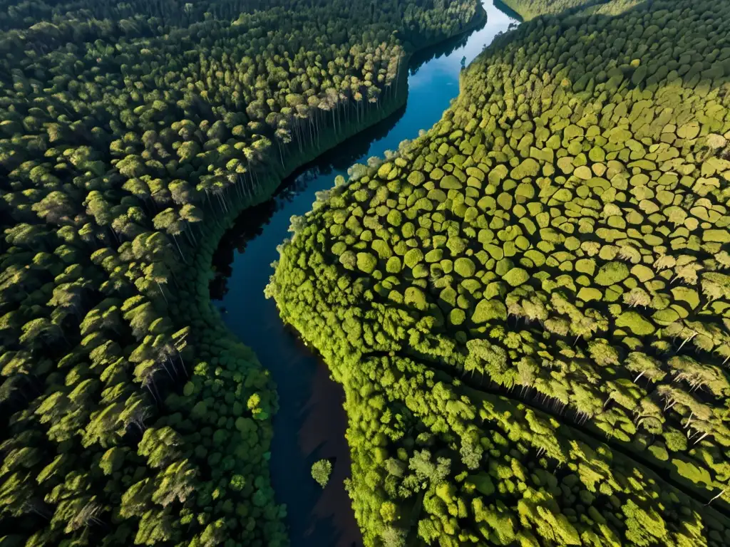 Vista aérea de exuberante bosque con río, reflejando armonía y coexistencia de comunidades indígenas