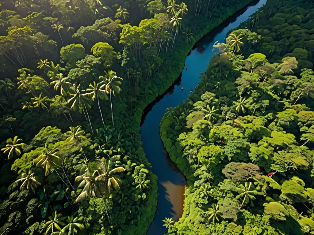 Vista aérea de un exuberante bosque lluvioso con río, comunidad indígena y la importancia de áreas protegidas comunidades indígenas