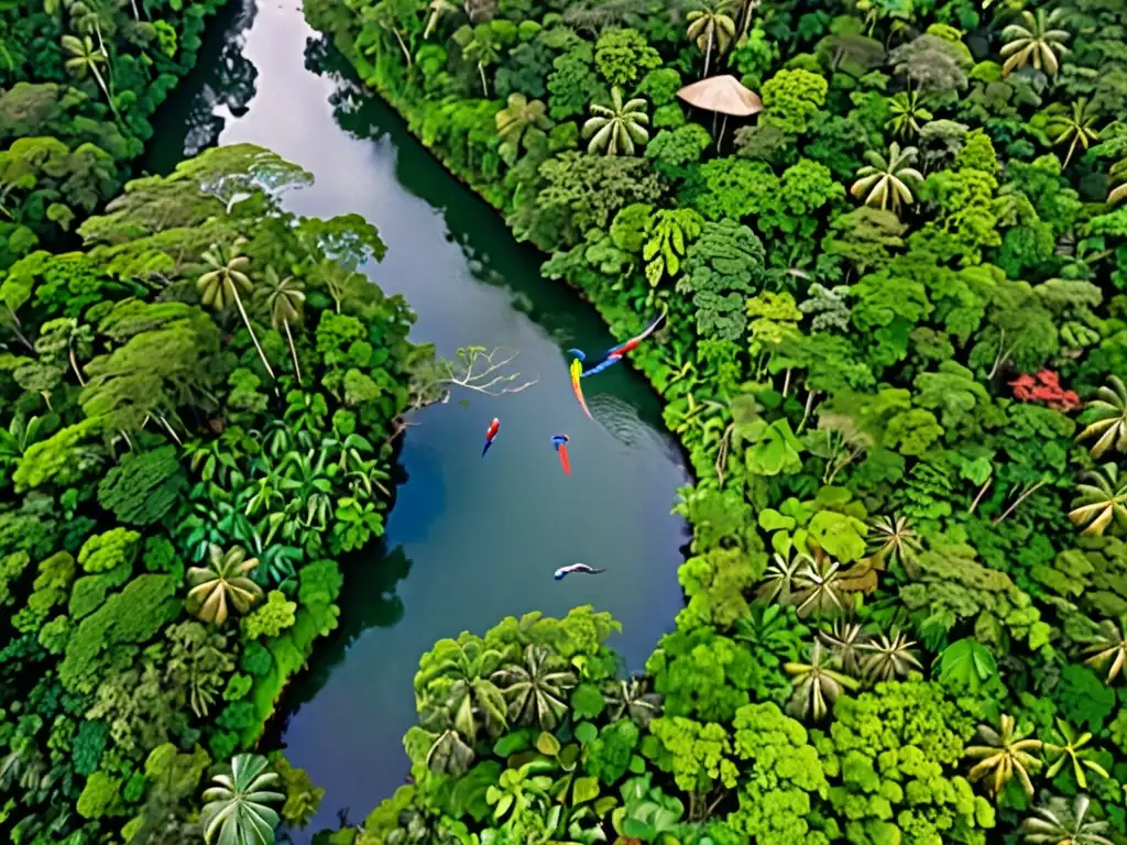 Vista aérea de un exuberante bosque lluvioso con río, indígenas y aves tropicales