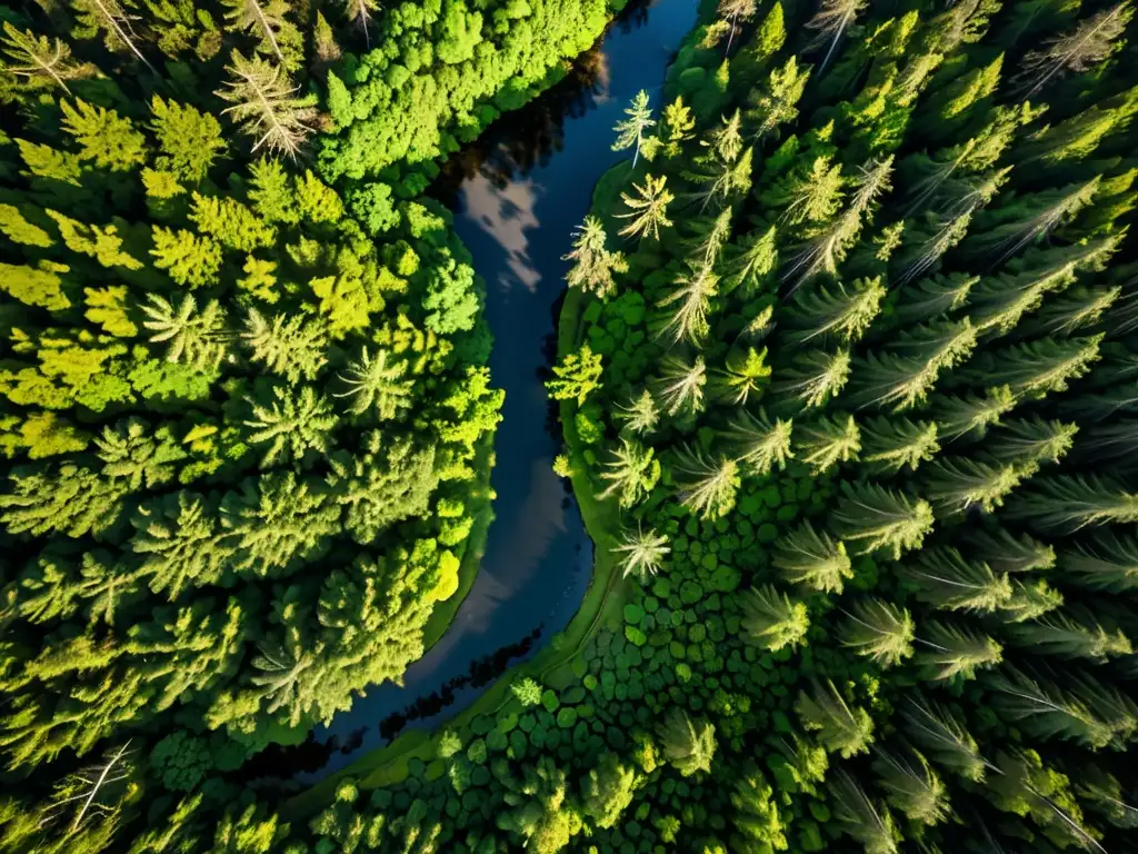 Vista aérea de un exuberante bosque verde con luz solar filtrándose entre los árboles