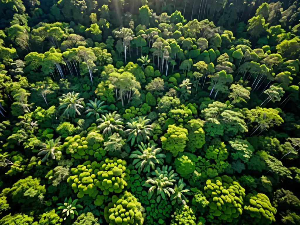 Vista aérea de un exuberante bosque con diversa vegetación y vida silvestre