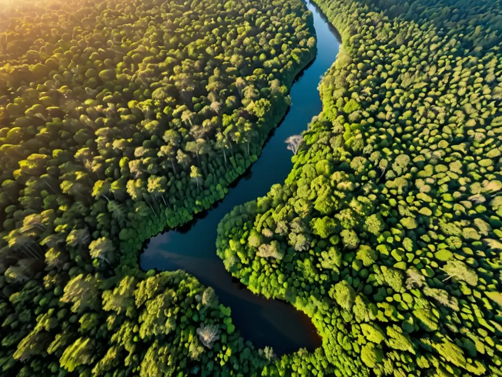 Vista aérea de un exuberante bosque verde con diversidad de árboles, plantas y vida silvestre